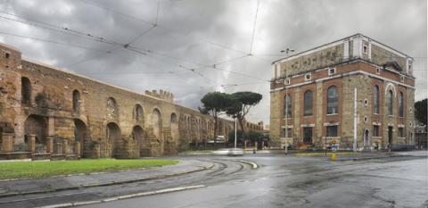 Le Mura Aureliane all’altezza di Piazzale Labicano e l'edificio del distributore idrico realizzato nel 1935