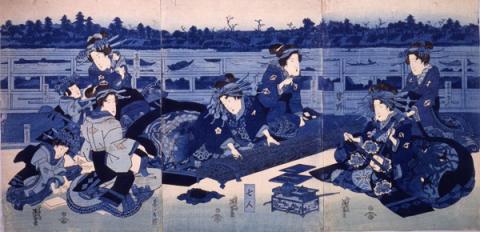 Keisai Eisen - Cortigiane e loro assistenti presso un accampamento temporaneo, 1836 - Silografia policroma, trittico, 38.7×26.2 cm; 38.8×26.5 cm; 38.7×25.8 - Chiba City Museum of Art