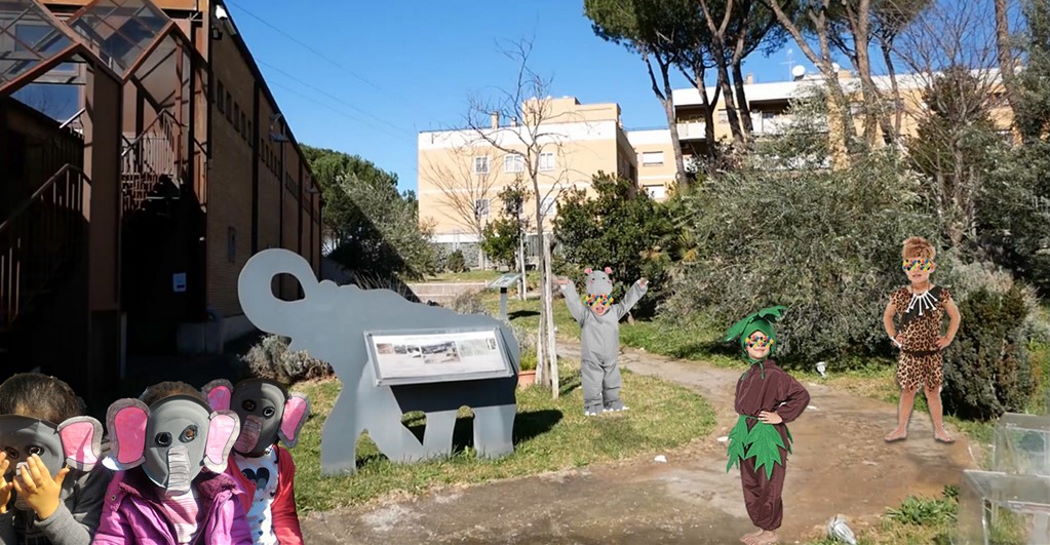 Bambini travestiti da animali, piante e uomini preistorici giocano nel giardino Pleistocenico del Museo Bambini travestiti da animali, piante e uomini preistorici giocano nel giardino Pleistocenico del Museo