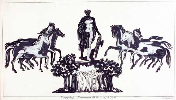 Gino Severini, Romolo fondatore, bozzetto per i mosaici della fontana di Palazzo degli Uffici, 1939, matita, china e biacca su cartoncino, Roma, Museo di Roma - Gabinetto delle Stampe