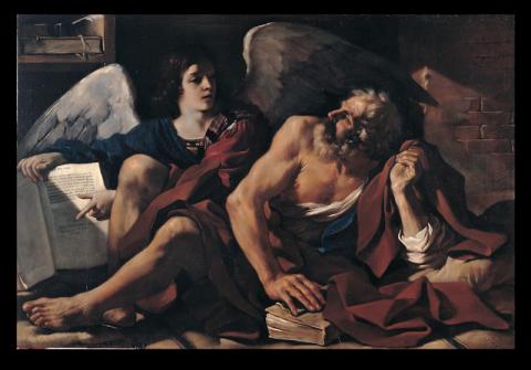 Guercino, San Matteo e l'Angelo, olio su tela, inv. PC 55, Pinacoteca Capitolina. Guercino, San Matteo e l'Angelo, olio su tela, inv. PC 55, Pinacoteca Capitolina