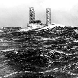 Aldo Ballo. La piattaforma di perforazione marittima Scarabeo dell’Eni, anni Cinquanta. (Archivio Storico Eni) Piero Raffaelli. Aldo Ballo. La piattaforma di perforazione marittima Scarabeo dell’Eni, anni Cinquanta. (Archivio Storico Eni) Piero Raffaelli.