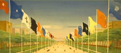 Marcello Piacentini, Studio per allestimento del Viale Imperiale, 1938, tempera su cartoncino, 35 x 79 cm, New York, Massimo & Sonia Cirulli Archive