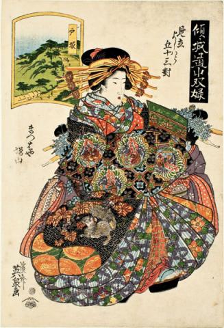 Keisai Eisen - Totsuka: Masuyama di Matsubaya dalla serie: Gioco del Tōkaidō con cortigiane: Cinquantatré coppie a Yoshiwara, 1825 - Silografia policroma, 37,9 × 25,6 cm - Chiba City Museum of Art